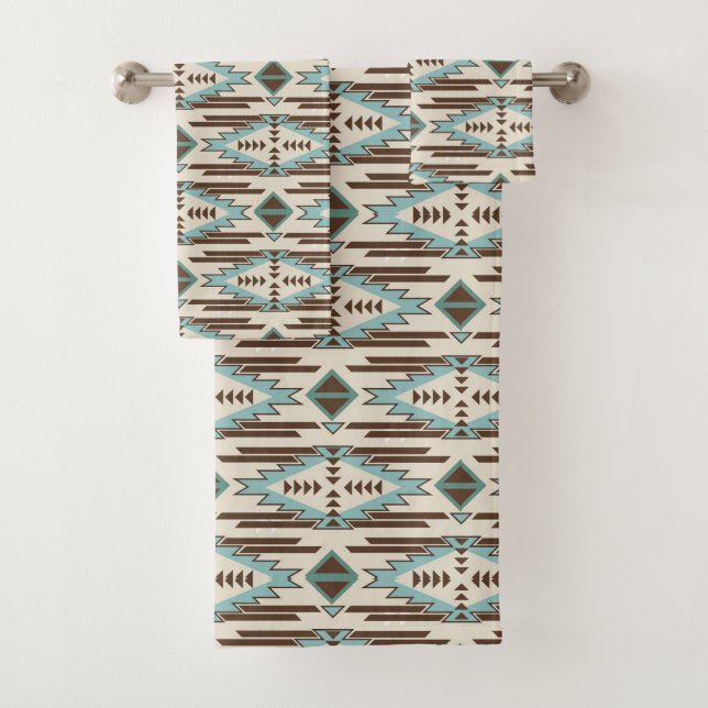 Aqua Blue Brown Aztec Pattern Bath Towel Set (Insitu)