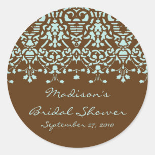 Aqua Blue & Brown Damask Bride Shower Sticker