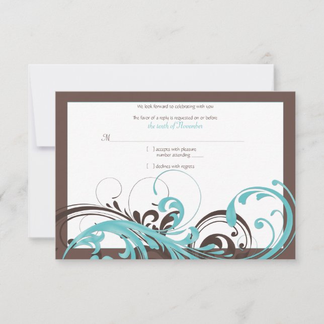 Aqua Blue, Brown Floral Wedding Reply Card (Front)