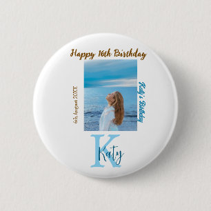 Aqua blue brown happy 16th birthday photo name 6 cm round badge