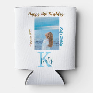 Aqua blue brown happy 16th birthday photo name can cooler