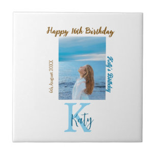 Aqua blue brown happy 16th birthday photo name ceramic tile