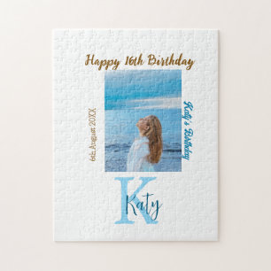 Aqua blue brown happy 16th birthday photo name jigsaw puzzle