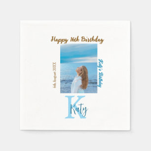 Aqua blue brown happy 16th birthday photo name  napkin