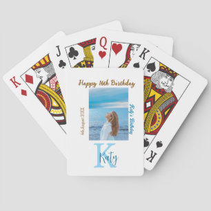 Aqua blue brown happy 16th birthday photo name playing cards