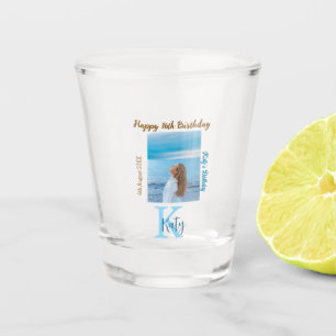 Aqua blue brown happy 16th birthday photo name shot glass
