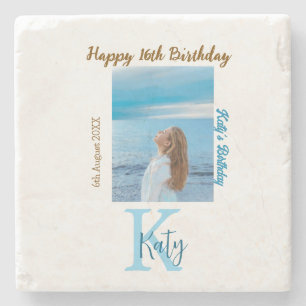 Aqua blue brown happy 16th birthday photo name stone coaster