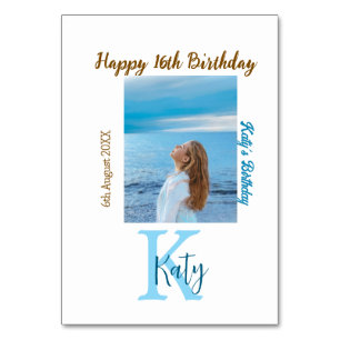 Aqua blue brown happy 16th birthday photo name table number
