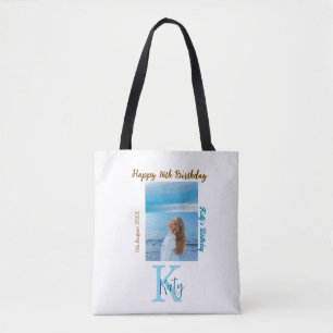 Aqua blue brown happy 16th birthday photo name tote bag