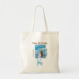 Aqua blue brown happy 16th birthday photo name  tote bag