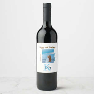 Aqua blue brown happy 16th birthday photo name wine label