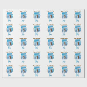 Aqua blue brown happy 16th birthday photo name wrapping paper