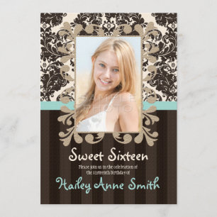 Aqua Blue Brown Vintage Lace Damask Sweet Sixteen Invitation
