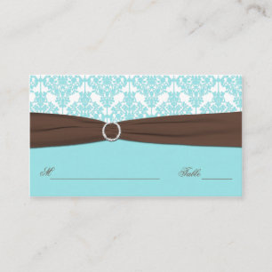 Aqua Blue, Brown, White Damask Place Card