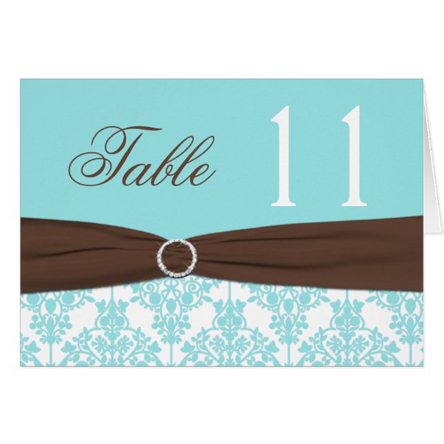 Aqua Blue, Brown, White Damask Table Number Card (Front Horizontal)