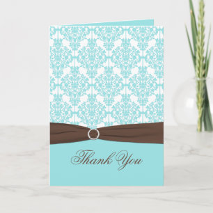 Aqua Blue, Brown, White Damask Thank You Card