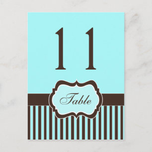 Aqua Blue, Brown, White Stripe Damask Table Number Postcard