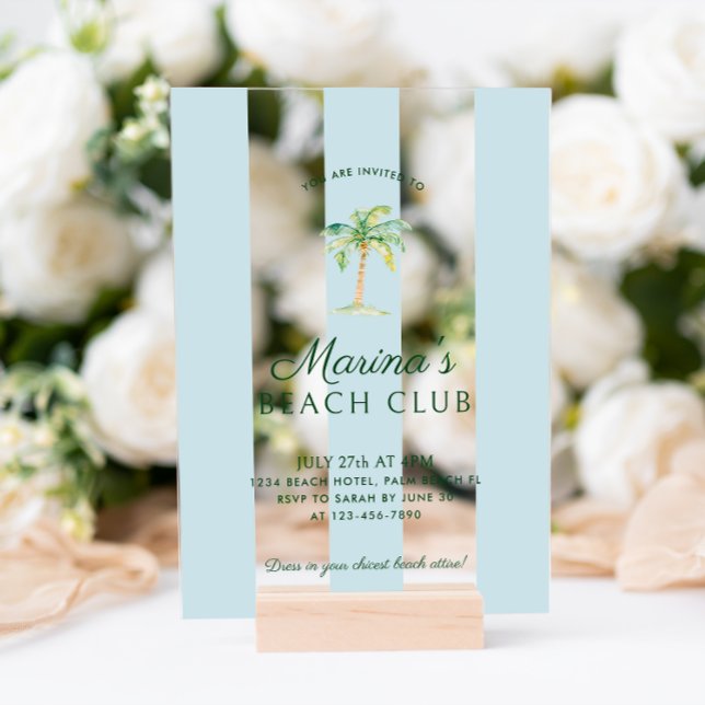 Aqua Blue Cabana Stripes Palm Beach Club Birthday Acrylic Invitations (Creator Uploaded)