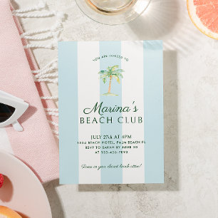 Aqua Blue Cabana Stripes Palm Beach Club Birthday Invitation