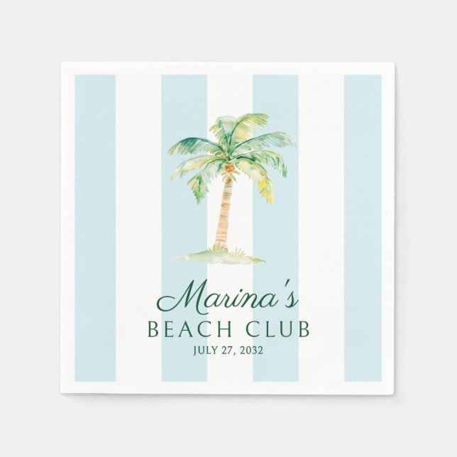 Aqua Blue Cabana Stripes Palm Beach Club Birthday Napkin (Front)