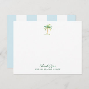 Aqua Blue Cabana Stripes Palm Tree Thank You Card
