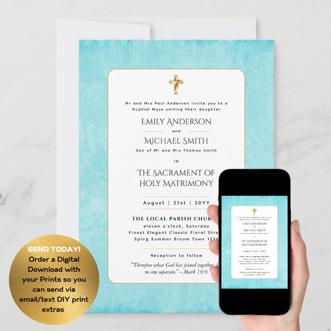 Aqua Blue  Catholic Nuptial Mass Wedding Invitation (Creator Uploaded)