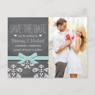 Aqua Blue Chalkboard Lace Bow Save the Date Announcement Postcard
