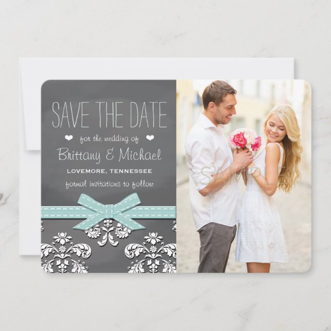 Aqua Blue Chalkboard Lace & Bow Save the Date Card (Front)
