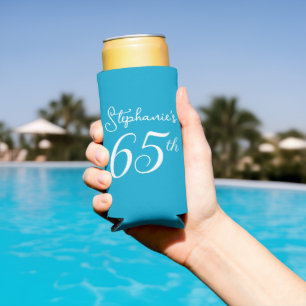 Aqua Blue Cheers to 65 Years 65th Birthday Party Seltzer Can Cooler