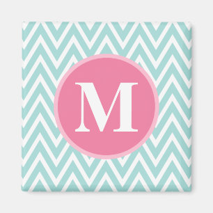Aqua Blue Chevron Pattern Pink Monogram Magnet