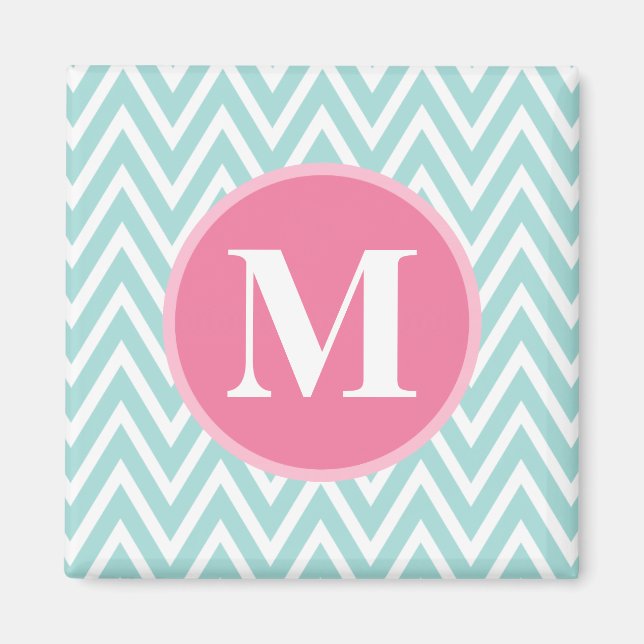 Aqua Blue Chevron Pattern Pink Monogram Magnet (Front)
