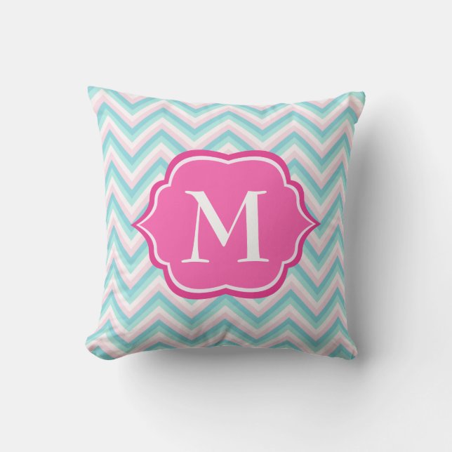 Aqua Blue Chevron Pink White Monogram Design Cushion (Front)