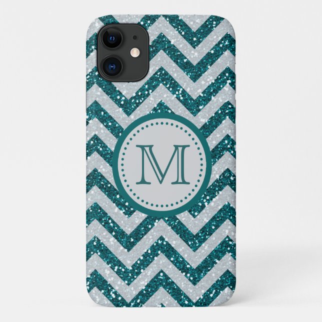 Aqua Blue Chevron Silver Glitter Monogram Case-Mate iPhone Case (Back)