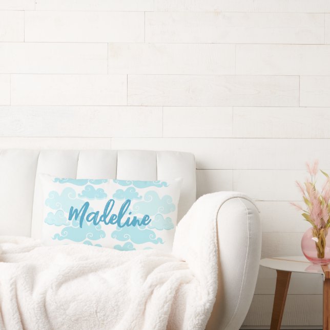 Aqua Blue Chinoiserie Cloud Name Lumbar Cushion (Couch)
