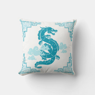 Aqua Blue Chinoiserie Dragon and Clouds Cushion