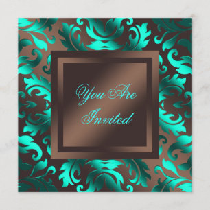 Aqua Blue Chocolate Brown Damask Party Invitation