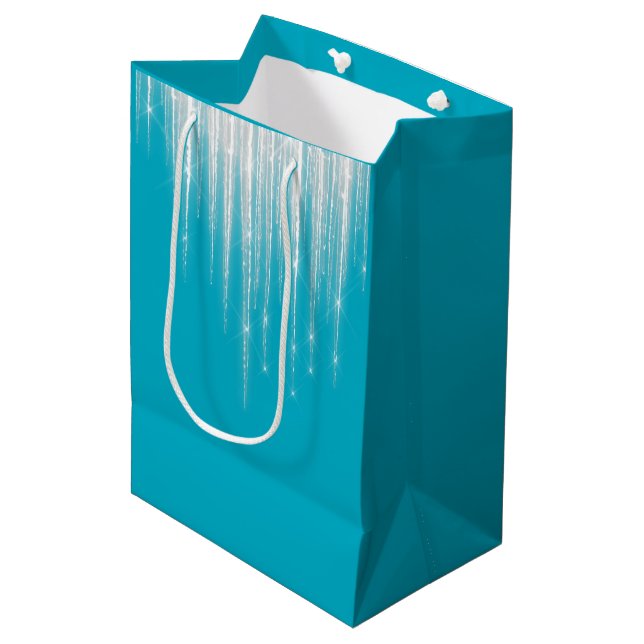 Aqua Blue Christmas Icicles Medium Gift Bag (Front Angled)