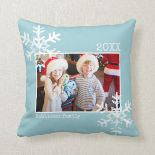Aqua Blue Christmas Photo Distressed Snowflakes Cushion