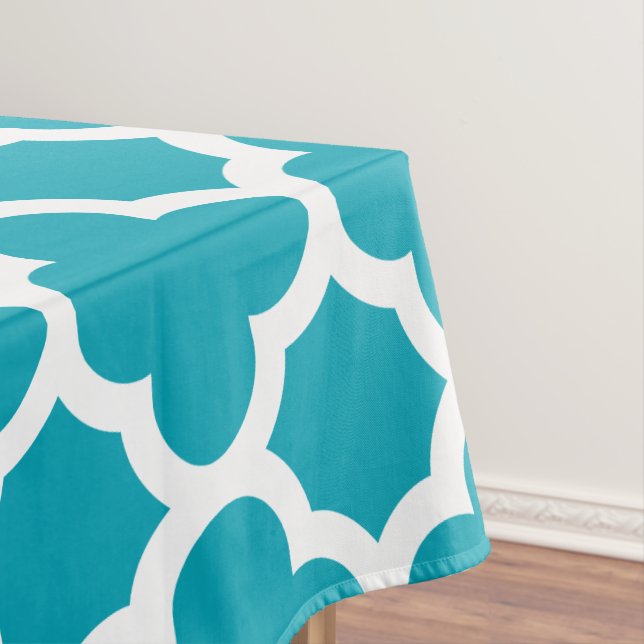 Aqua Blue Classic Quatrefoil Tablecloth (In Situ)