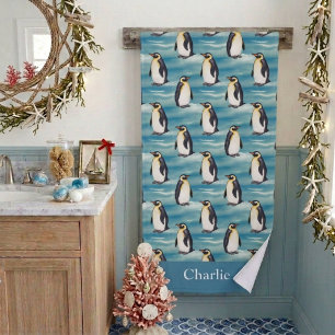 Aqua Blue Coastal Arctic Animal Penguin Bath Towel