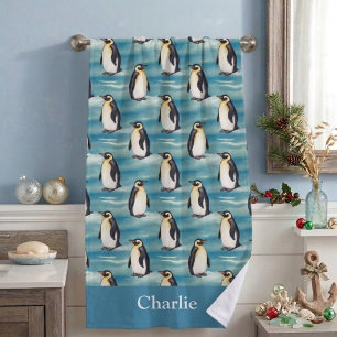 Aqua Blue Coastal Arctic Animal Penguin Beach Towel