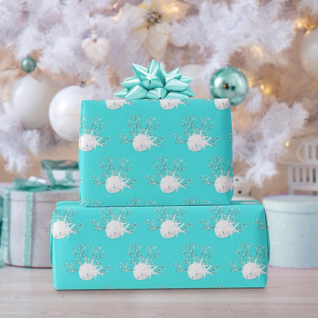 Aqua Blue Coastal Christmas Starfish Sand Dollar Wrapping Paper (Creator Uploaded)