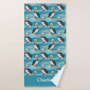 Aqua Blue Coastal Pelican Bath Towel