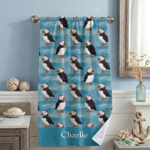 Aqua Blue Coastal Puffin Bird Beach Towel
