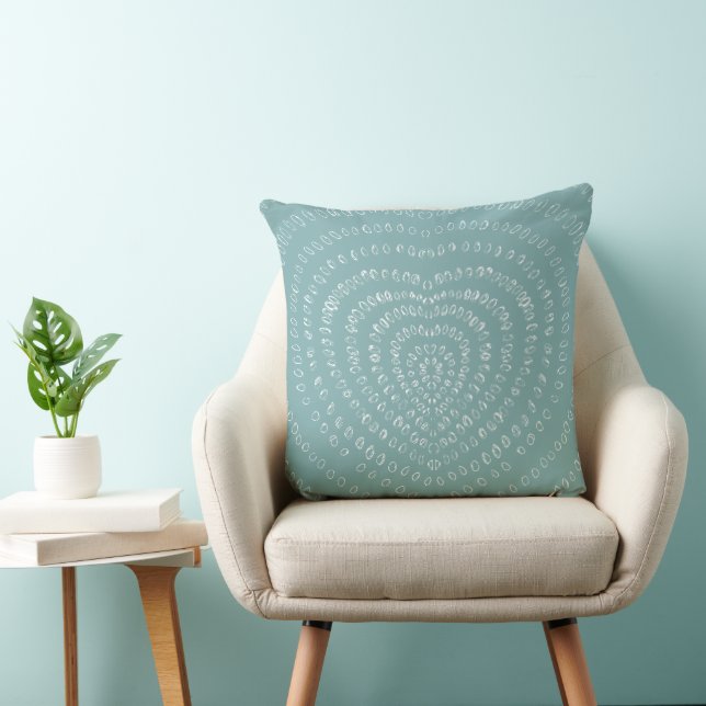 Aqua Blue Concentric White Hearts Boho Cushion (Chair)