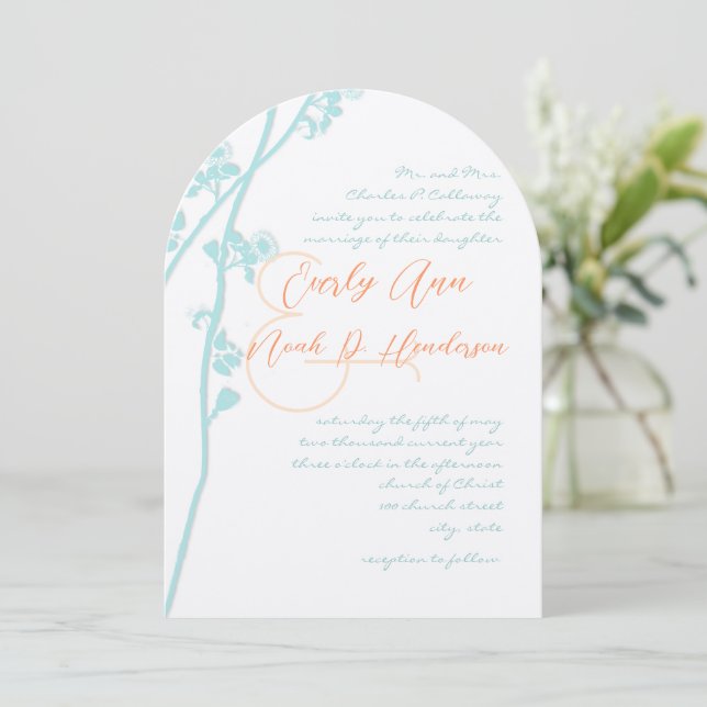 Aqua Blue Coral Flower Wedding Invitation (Standing Front)