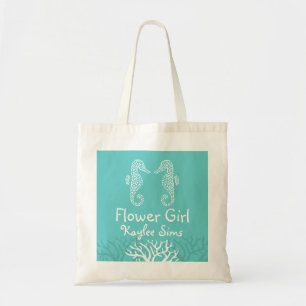 Aqua Blue Coral Reef Seahorse Flower Girl Tote
