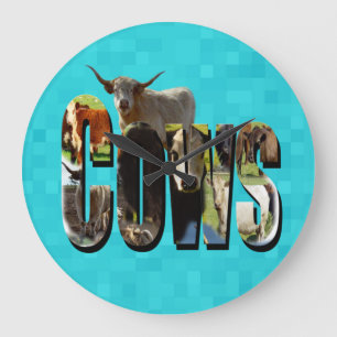 Aqua Blue Cows Picture Logo With Cows,  Large Clock