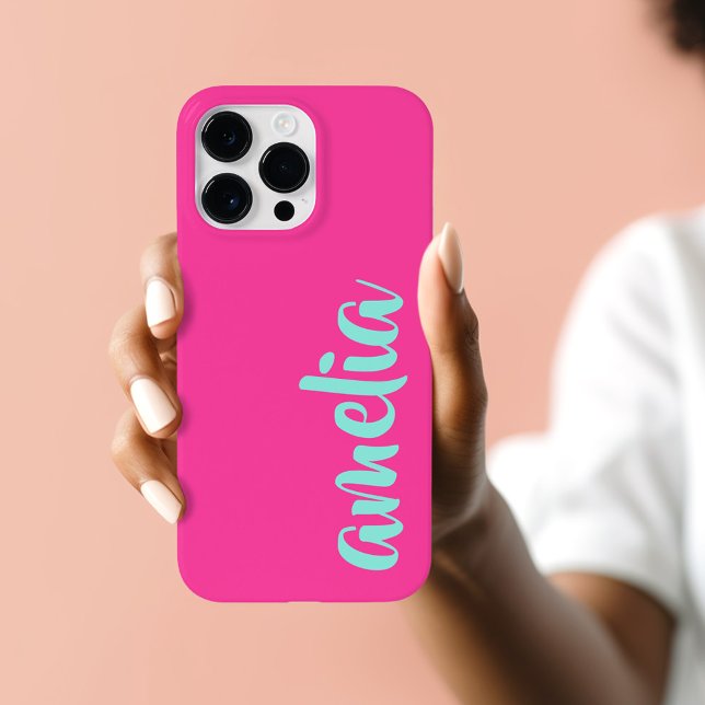 Aqua blue custom name script bold hot pink iPhone case (Aqua blue custom name script bold hot pink Case-Mate iPhone case)