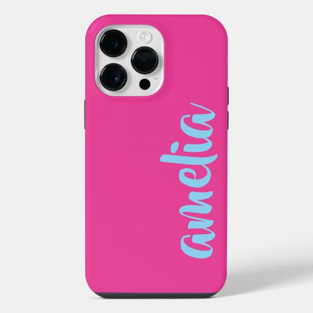 Aqua blue custom name script pink I Phone Case (Back)